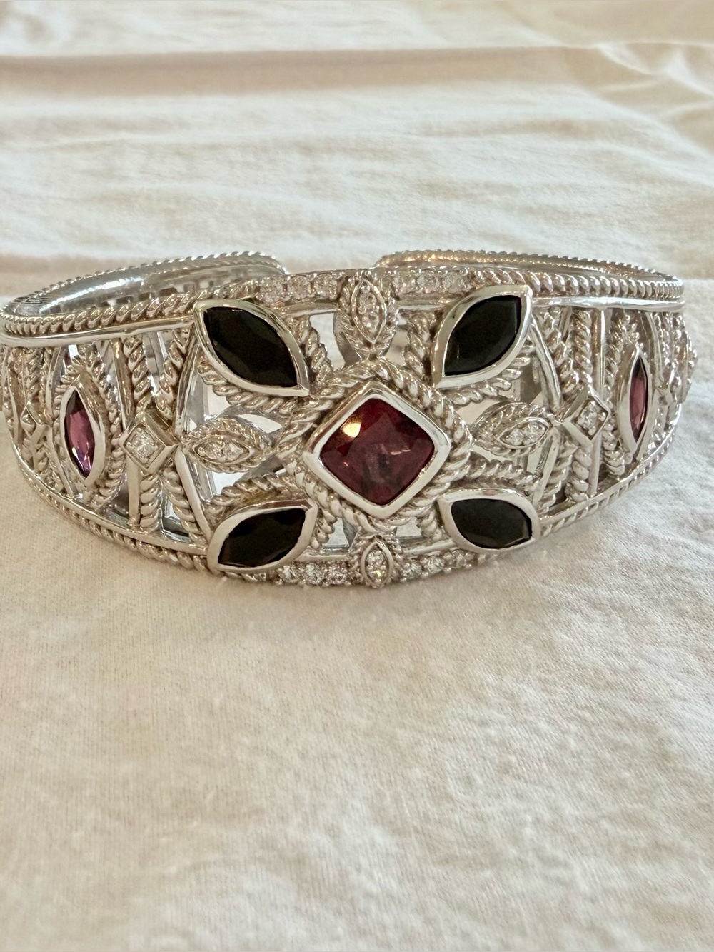 Rare Judith Ripka 925 Sterling Multigem CZ Hinged Cuff Bracelet Medium